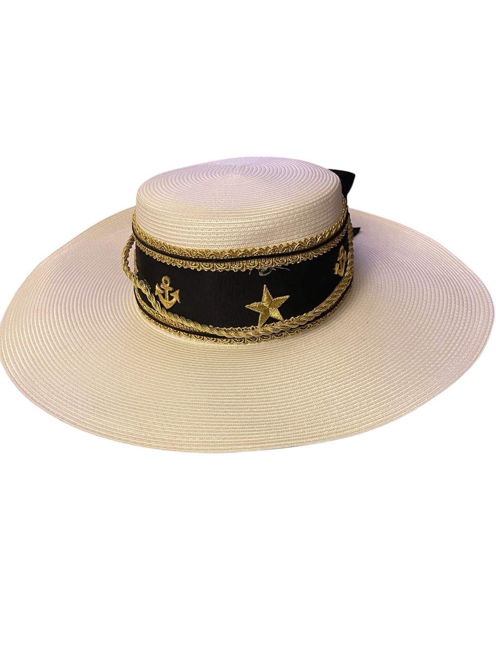 Woman's Hat Nautical Wide Brim Whittall Shon Gold Anchors Yachters Boaters